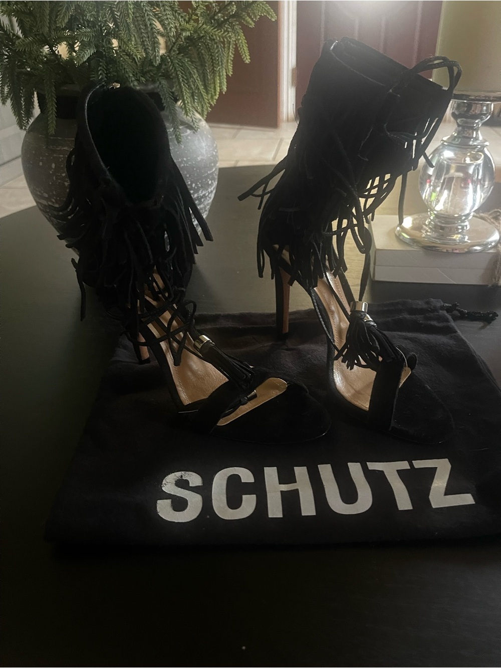 SCHUTZ Black Suede Fringe Lace-Up Stiletto Sandals - Picture 2 of 4